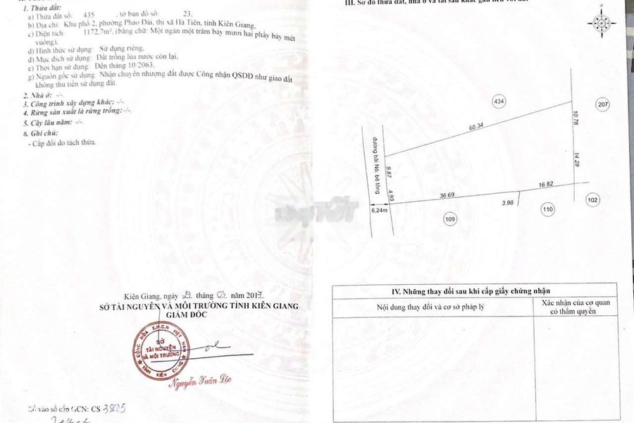 Giá mua liền tay 2.5 tỷ, Bán đất tổng diện tích là 1172m2 vị trí mặt tiền tọa lạc ngay tại Hà Tiên, Kiên Giang, hướng Tây cực kì sang trọng-01