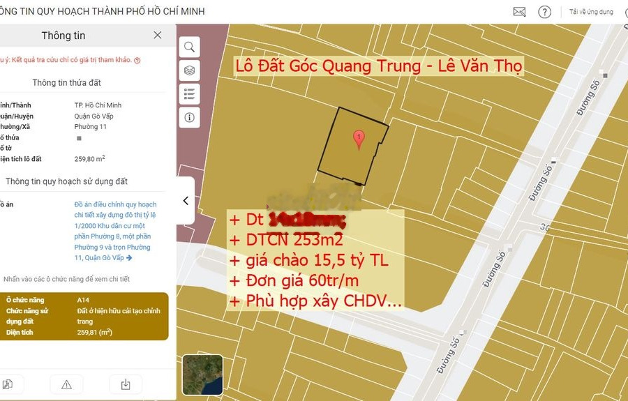 Bán miếg đất lớn Góc Ngã 3 Lê văn Thọ-Quang trung Gò vấp, 253m, 15,5ty -01