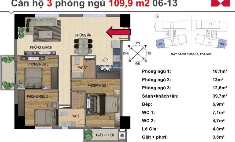 Căn hộ 3 PN, bán căn hộ hướng Tây - Nam vị trí thích hợp Bồ Đề, Hà Nội, trong căn hộ tổng quan gồm 3 phòng ngủ, 2 WC giá cực mềm