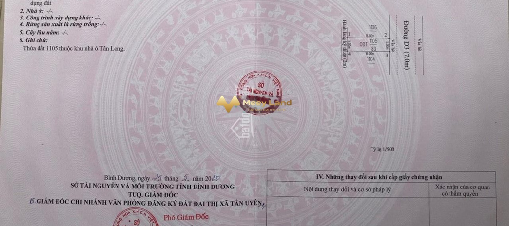 Khu đô thị Tân Long Phường Uyên Hưng, Thị Xã Tân Uyên bán đất giá sang tên chỉ 1.25 tỷ dt dài 80m2