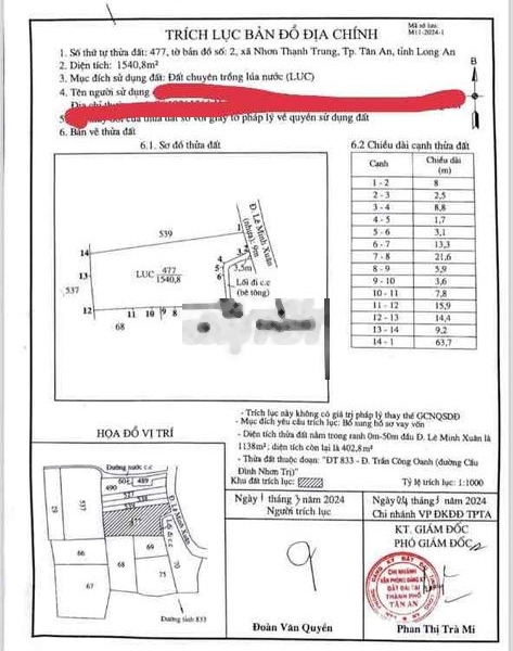  BÁN GẤP 1540m2 ĐẤT LÚA MẶT TIỀN LÊ MINH XUÂN - 2 tỷ 500 triệu . -01