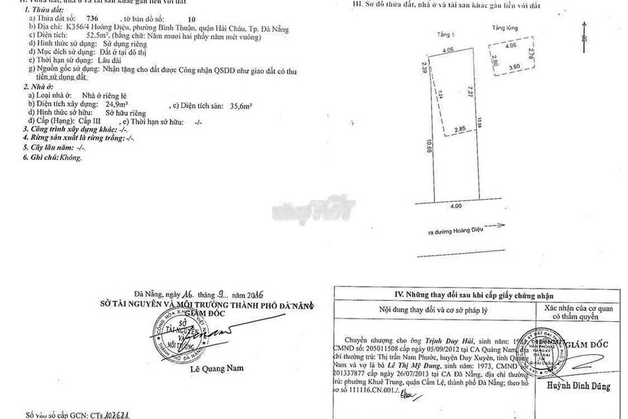 Ngay Hoàng Diệu, Đà Nẵng bán đất 3.5 tỷ, hướng Bắc diện tích như sau 52.5m2-01