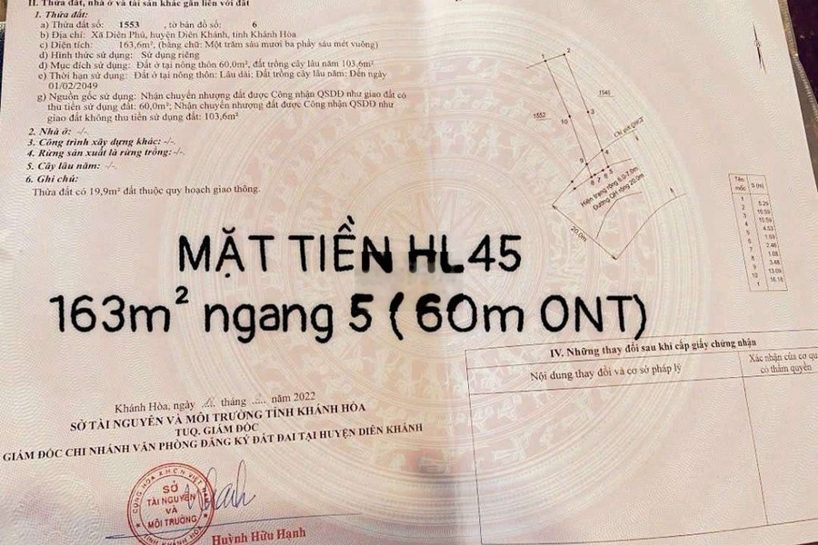 Bán Đất Mặt Tiền Đường HL45 - Thị Trấn Diên Khánh - Giá 12tr/1m2 -01