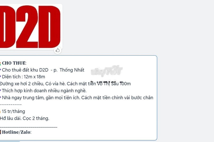 CHO THUÊ ĐẤT KHU D2D KINH DOANH PHƯỜNG THỐNG NHẤT, THÀNH PHỐ BIÊN HOÀ -01