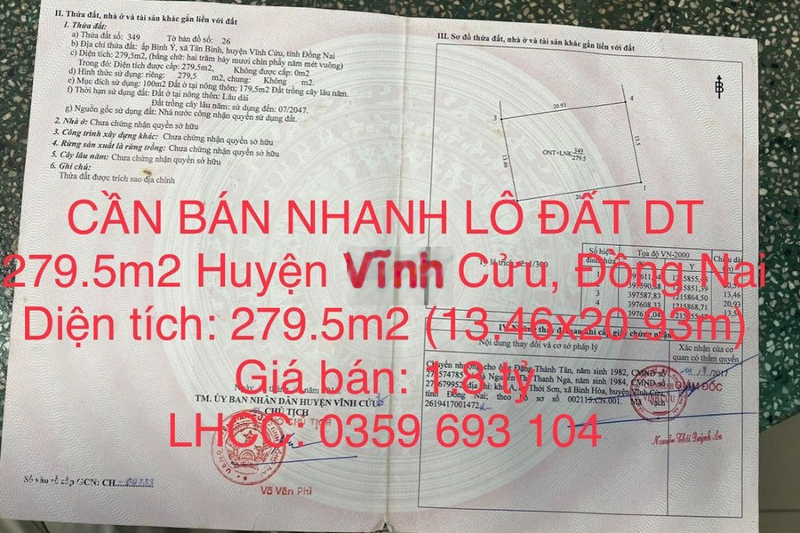 CẦN BÁN NHANH LÔ ĐẤT DT 279.5m2 Huyện Vĩnh Cửu, Đồng Nai -01