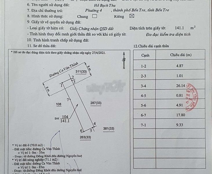 Đất sổ hồng, 141,1m2, mặt tiền đường Ca Văn Thỉnh TP Bến Tre -01