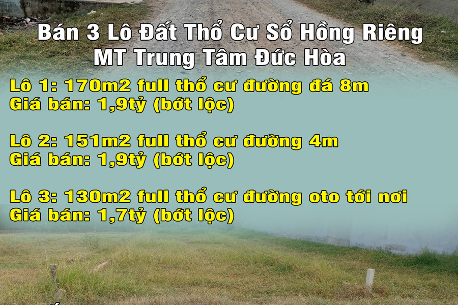 Chính chủ bán 3 lô đất thổ cư sổ hồng riêng mặt tiền trung tâm Đức Hòa-01