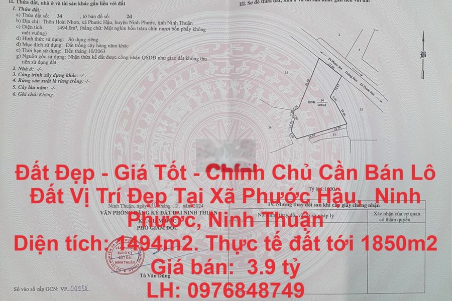 Cần Bán Lô Đất Vị Trí Đẹp Tại Xã Phước Hậu, Ninh Phước, Ninh Thuận -01