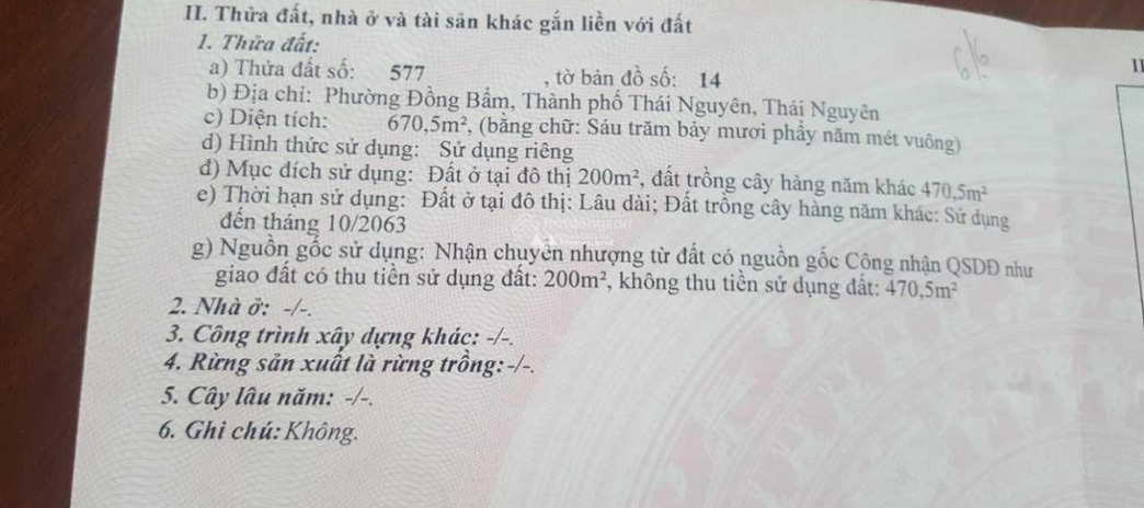 Bán đất giá 6,7 tỷ, diện tích 670m2 vị trí đặt ngay tại Đồng Bẩm, Thái Nguyên