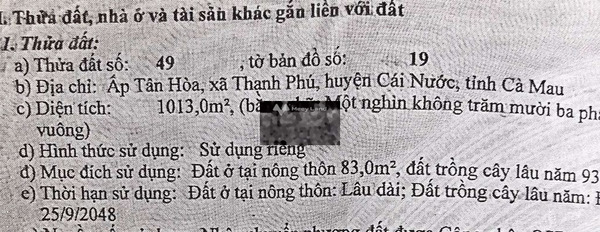 Giá bán khởi đầu chỉ 2.55 tỷ bán đất diện tích cụ thể 1013m2 vị trí đặt vị trí nằm trên Cà Mau, Cà Mau-02