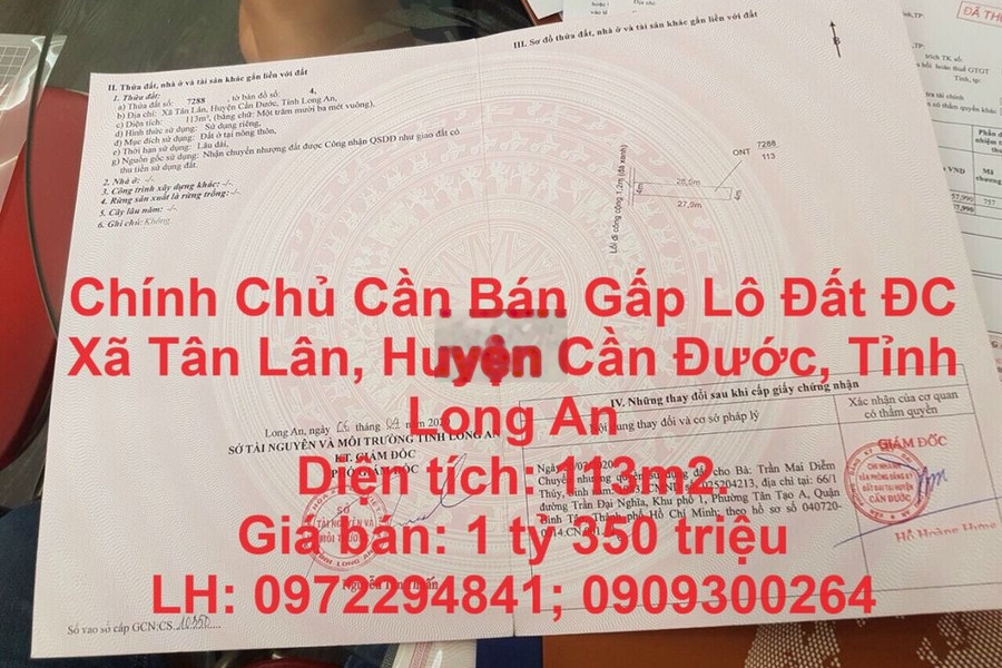 Cần Bán Gấp Lô Đất ĐC Xã Tân Lân, Huyện Cần Đước, Tỉnh Long An -01