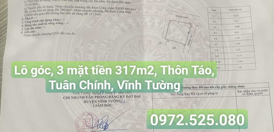 Cần bán đất huyện Vĩnh Tường, Vĩnh Phúc, giá 2 tỷ