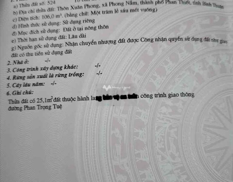 Vị trí thuận lợi gần Phong Nẫm, Bình Thuận bán đất, giá cạnh tranh 1.8 tỷ, hướng Bắc diện tích chuẩn là 106m2-01