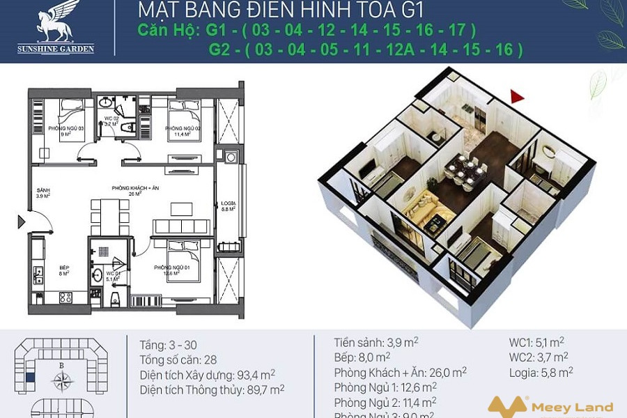 Bán gấp căn hộ chung cư Sunshine Garden-Hà Nội, 3 ngủ-3,3 tỷ,nhận nhà ở ngay. L/h: 0987883745-01