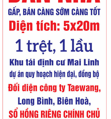 Cần bán gấp nhà 1 lầu, 1 tiệt khu tái định cư Mai Linh Long Bình, Biên Hòa, Đồng Nai