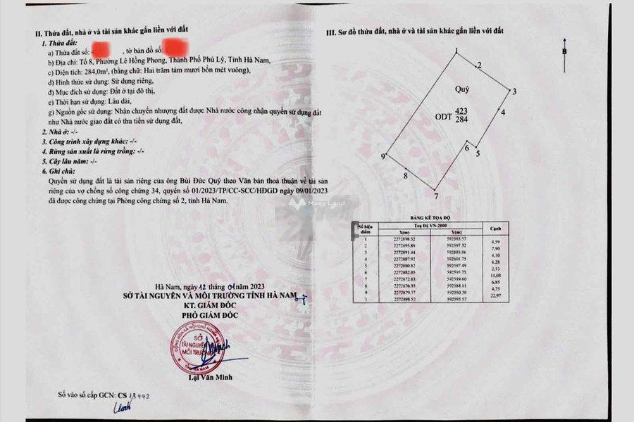 Giá hiện tại chỉ 4.25 tỷ bán đất diện tích cụ thể 286m2 tọa lạc trên Lê Hồng Phong, Hà Nam, hướng Đông Nam-01